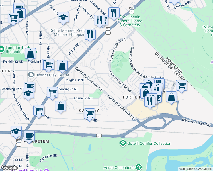 map of restaurants, bars, coffee shops, grocery stores, and more near 3235 Theodore R Hagans Drive Northeast in Washington