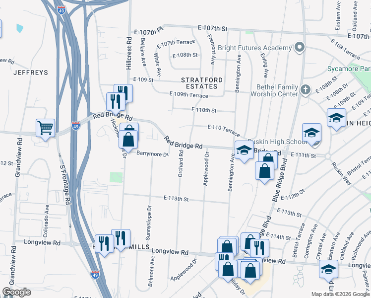 map of restaurants, bars, coffee shops, grocery stores, and more near 11024 Beacon Avenue in Kansas City