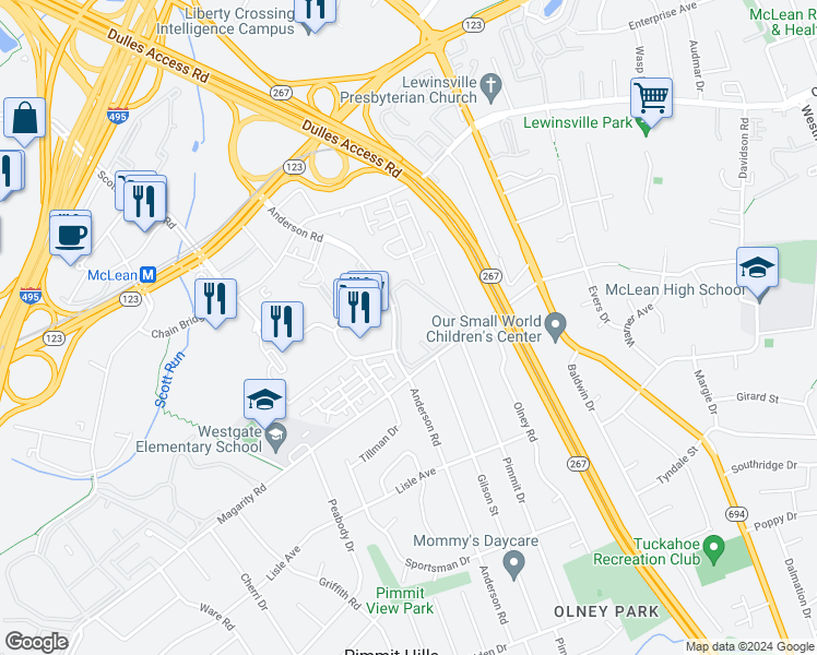 map of restaurants, bars, coffee shops, grocery stores, and more near 1723 Westwind Way in McLean