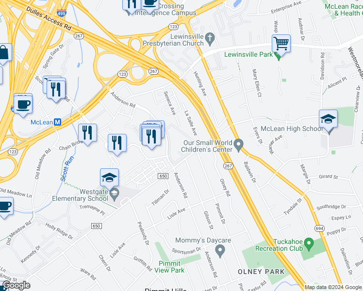 map of restaurants, bars, coffee shops, grocery stores, and more near 1823 Westwind Way in McLean