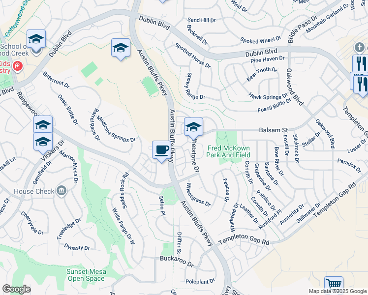 map of restaurants, bars, coffee shops, grocery stores, and more near 6416 Honey Grove in Colorado Springs
