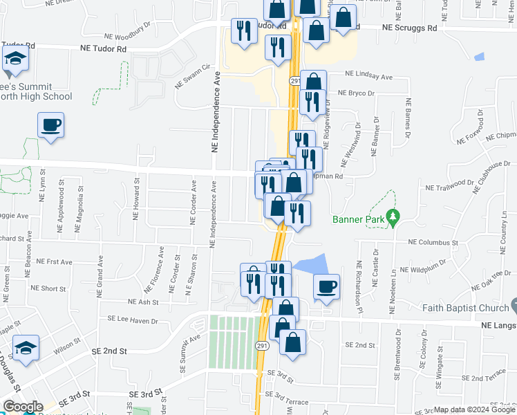 map of restaurants, bars, coffee shops, grocery stores, and more near 610 Northeast Magellan Avenue in Lee's Summit