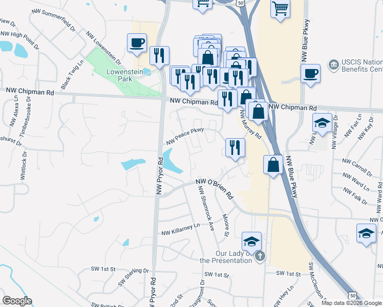 map of restaurants, bars, coffee shops, grocery stores, and more near 601-699 NW Lilac Pl in Lee's Summit