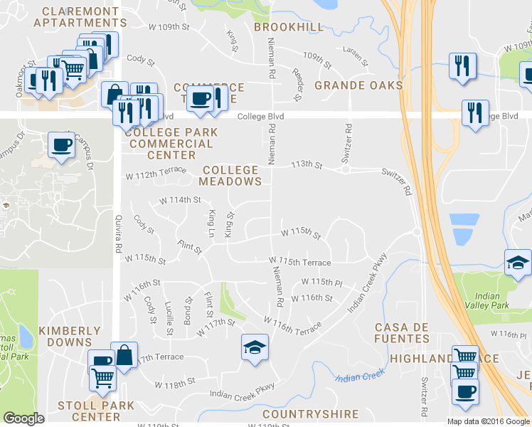 map of restaurants, bars, coffee shops, grocery stores, and more near 11100 West 114th Street in Overland Park