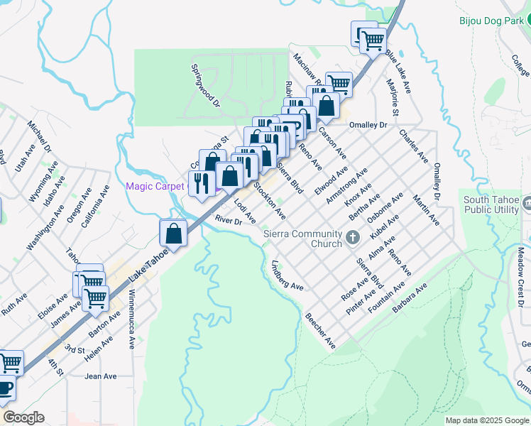 map of restaurants, bars, coffee shops, grocery stores, and more near 1040 Stockton Avenue in South Lake Tahoe