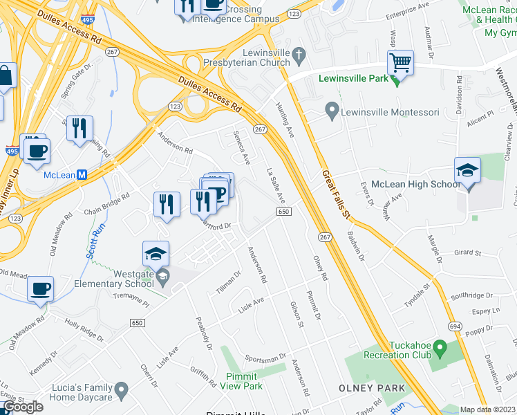map of restaurants, bars, coffee shops, grocery stores, and more near 1823 Westwind Way in McLean