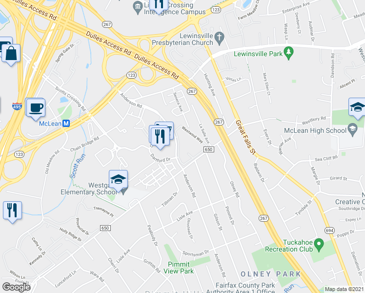 map of restaurants, bars, coffee shops, grocery stores, and more near 1709 Westwind Way in McLean