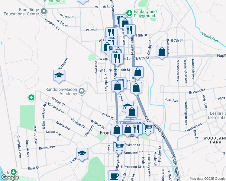 map of restaurants, bars, coffee shops, grocery stores, and more near 306 North Royal Avenue in Front Royal