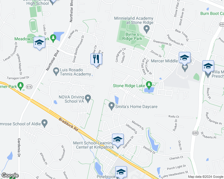 map of restaurants, bars, coffee shops, grocery stores, and more near 25120 Sweet Myrtle Square in Aldie