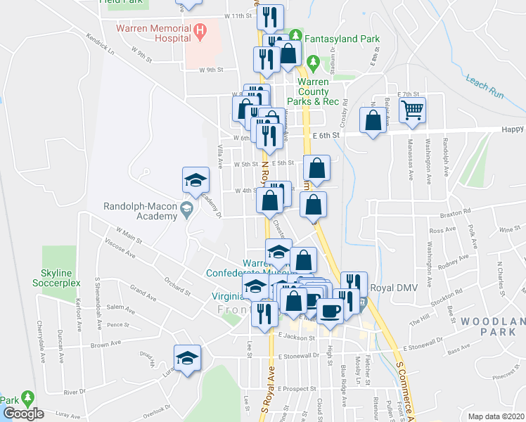 map of restaurants, bars, coffee shops, grocery stores, and more near 306 North Royal Avenue in Front Royal