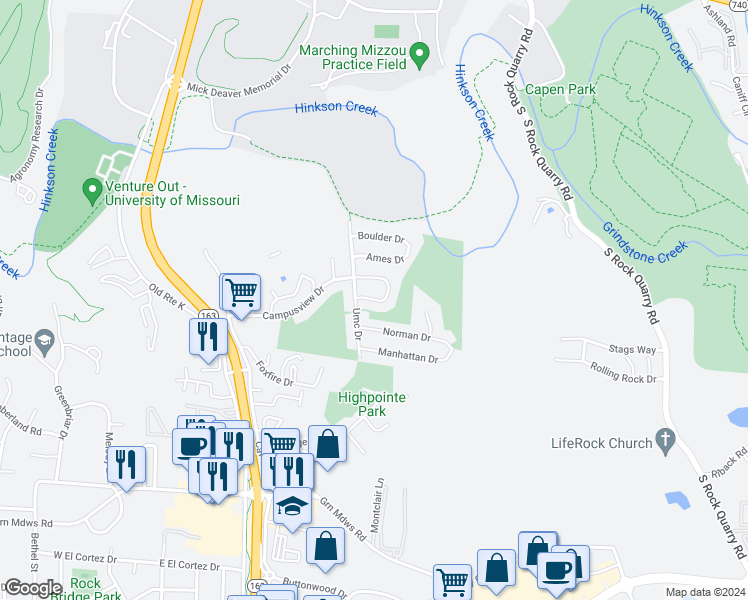 map of restaurants, bars, coffee shops, grocery stores, and more near 706 Stillwater Drive in Columbia