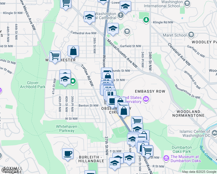 map of restaurants, bars, coffee shops, grocery stores, and more near 2501 Wisconsin Avenue Northwest in Washington