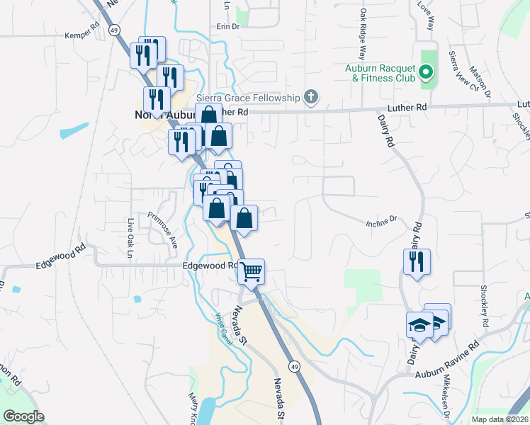 map of restaurants, bars, coffee shops, grocery stores, and more near 12142 Summer Ridge Drive in Auburn