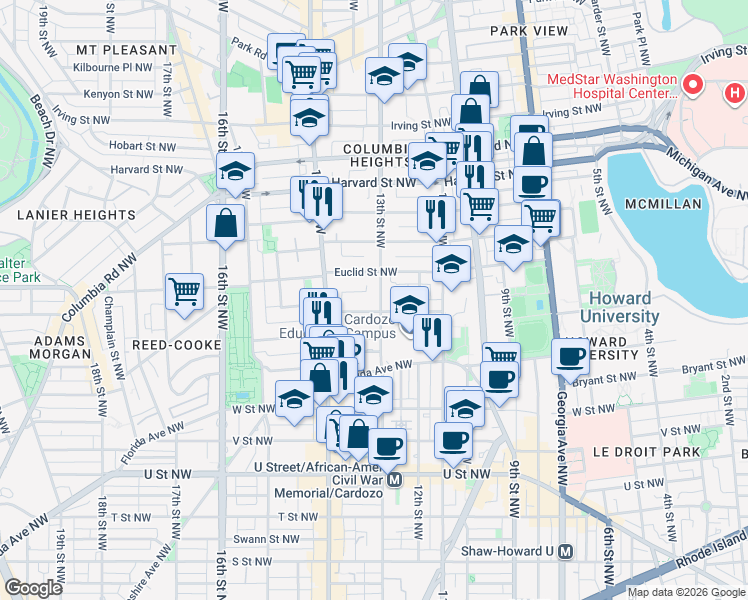 map of restaurants, bars, coffee shops, grocery stores, and more near 101 Independence Avenue Southeast in Washington
