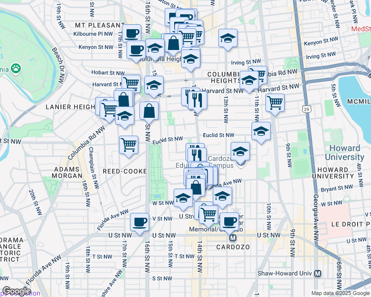 map of restaurants, bars, coffee shops, grocery stores, and more near 1429 Clifton Street Northwest in Washington