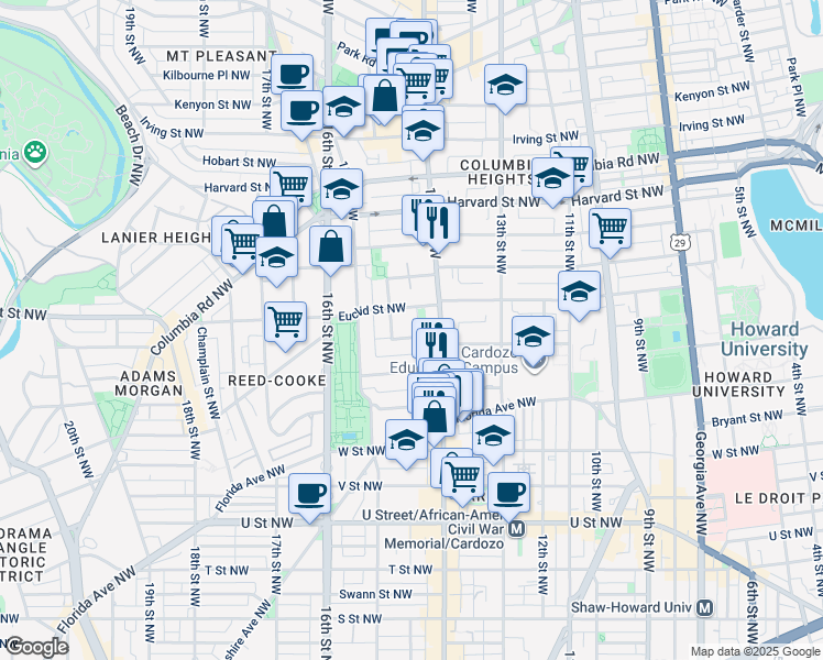 map of restaurants, bars, coffee shops, grocery stores, and more near 1429 Clifton Street Northwest in Washington