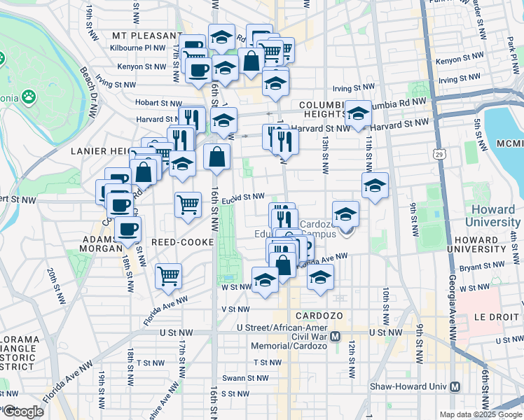 map of restaurants, bars, coffee shops, grocery stores, and more near 1441 Clifton Street Northwest in Washington