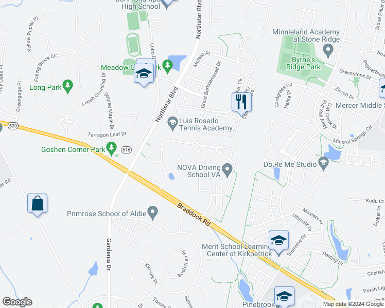 map of restaurants, bars, coffee shops, grocery stores, and more near Epping Green Square in Aldie