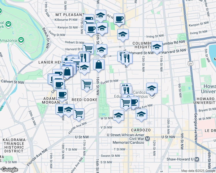 map of restaurants, bars, coffee shops, grocery stores, and more near 2445 15th Street Northwest in Washington