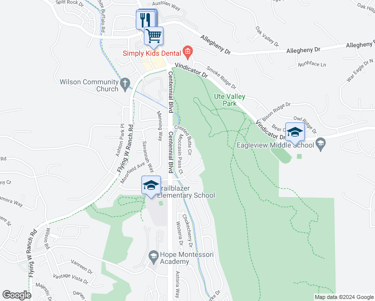 map of restaurants, bars, coffee shops, grocery stores, and more near 6310 Crested Butte Circle in Colorado Springs