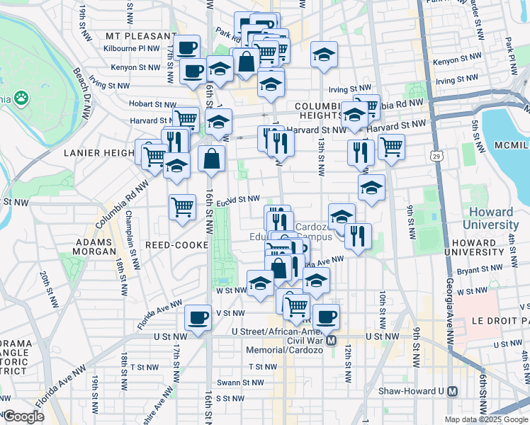 map of restaurants, bars, coffee shops, grocery stores, and more near 1427 Clifton Street Northwest in Washington