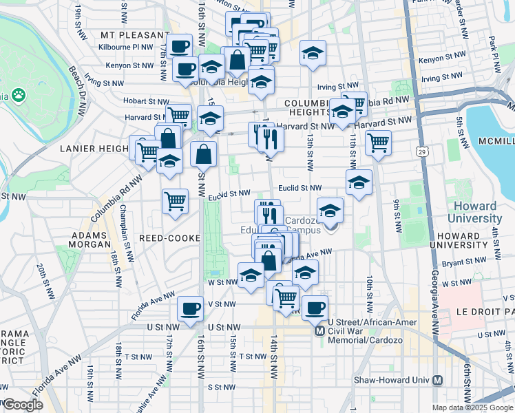 map of restaurants, bars, coffee shops, grocery stores, and more near 1423 Clifton Street Northwest in Washington
