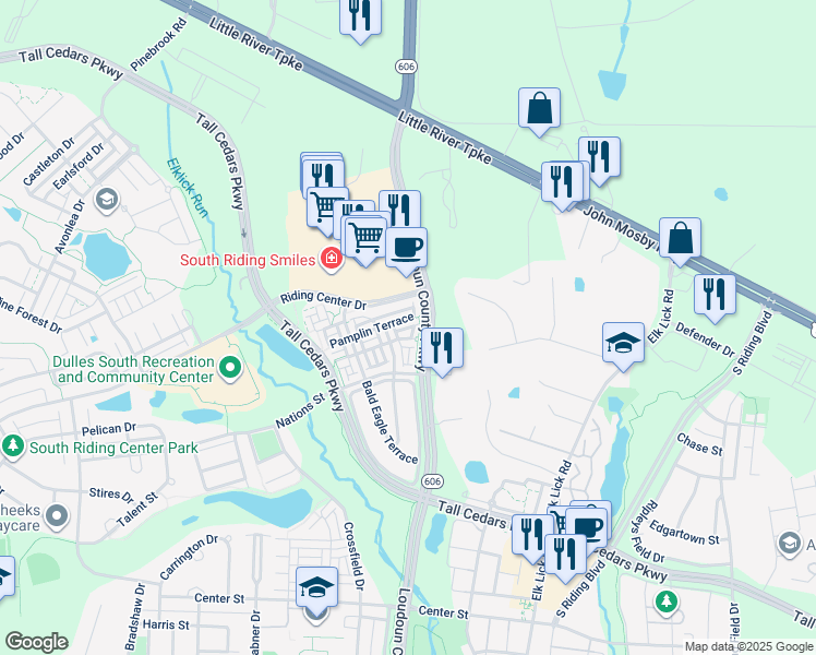 map of restaurants, bars, coffee shops, grocery stores, and more near 25114 Langdon Terrace in Chantilly