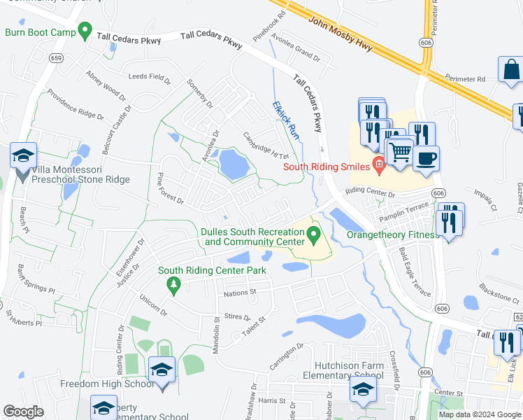 map of restaurants, bars, coffee shops, grocery stores, and more near 25113 Neptune Terrace in Chantilly