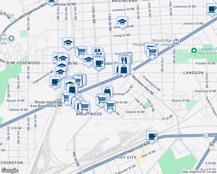 map of restaurants, bars, coffee shops, grocery stores, and more near 1228 Brentwood Road Northeast in Washington