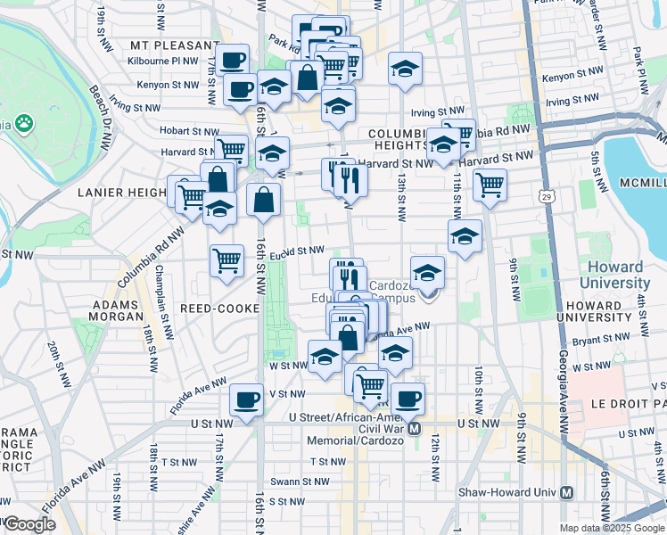 map of restaurants, bars, coffee shops, grocery stores, and more near 1423 Clifton Street Northwest in Washington