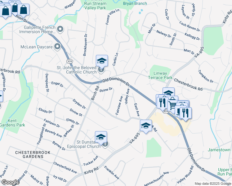 map of restaurants, bars, coffee shops, grocery stores, and more near 1661 Strine Drive in McLean