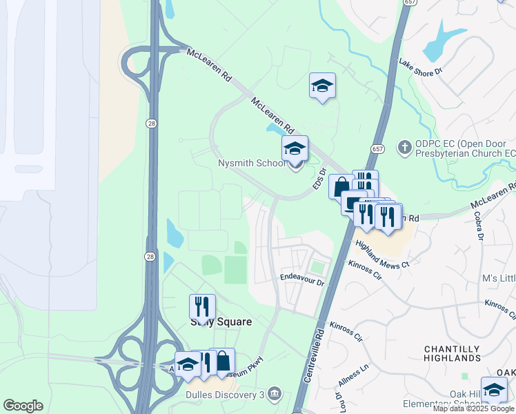 map of restaurants, bars, coffee shops, grocery stores, and more near 3042 Alan Shepard Street in Herndon