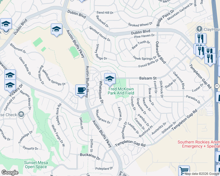 map of restaurants, bars, coffee shops, grocery stores, and more near 6175 Whetstone Drive in Colorado Springs