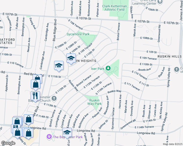 map of restaurants, bars, coffee shops, grocery stores, and more near 11014 Bristol Terrace in Kansas City