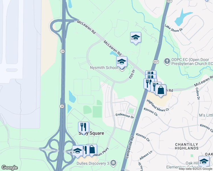 map of restaurants, bars, coffee shops, grocery stores, and more near 3042 Alan Shepard Street in Herndon