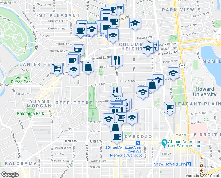 map of restaurants, bars, coffee shops, grocery stores, and more near 1427 Clifton Street Northwest in Washington