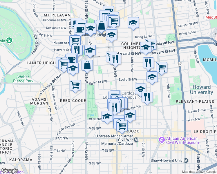 map of restaurants, bars, coffee shops, grocery stores, and more near 1429 Clifton Street Northwest in Washington