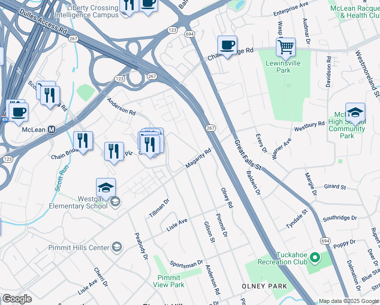 map of restaurants, bars, coffee shops, grocery stores, and more near 1738 Westwind Way in McLean