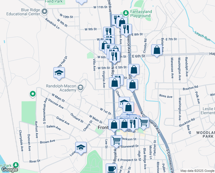 map of restaurants, bars, coffee shops, grocery stores, and more near 23 Academy Drive in Front Royal