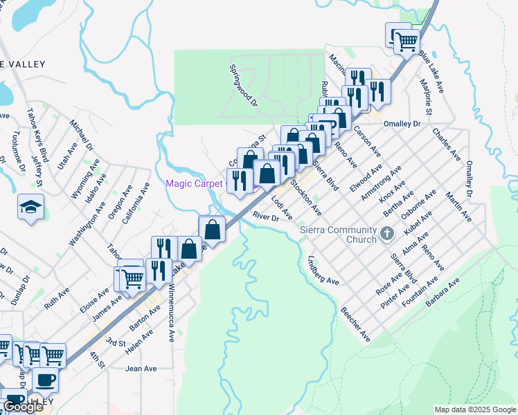 map of restaurants, bars, coffee shops, grocery stores, and more near 2440 Lake Tahoe Boulevard in South Lake Tahoe
