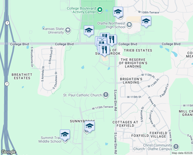 map of restaurants, bars, coffee shops, grocery stores, and more near 11401 South Millridge Street in Olathe