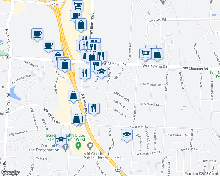 map of restaurants, bars, coffee shops, grocery stores, and more near 611 Northwest Village Drive in Lee's Summit