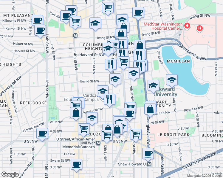 map of restaurants, bars, coffee shops, grocery stores, and more near 101 Independence Avenue Southeast in Washington