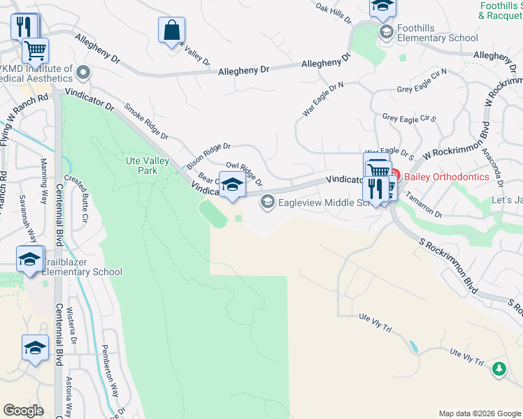map of restaurants, bars, coffee shops, grocery stores, and more near 1325 Owl Ridge Drive in Colorado Springs