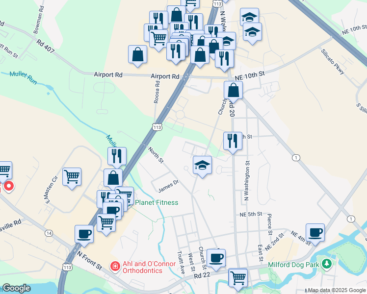 map of restaurants, bars, coffee shops, grocery stores, and more near 398 Aurora Place in Milford