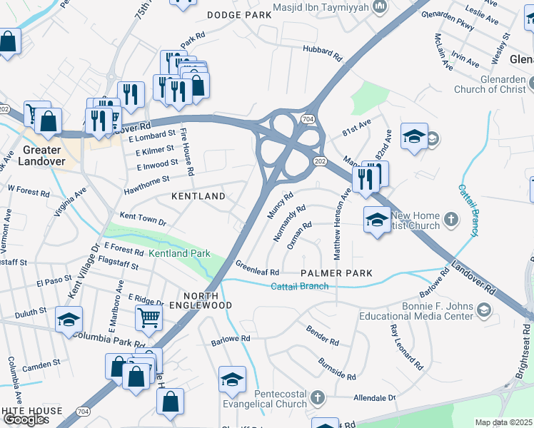 map of restaurants, bars, coffee shops, grocery stores, and more near 7706 Muncy Road in Hyattsville
