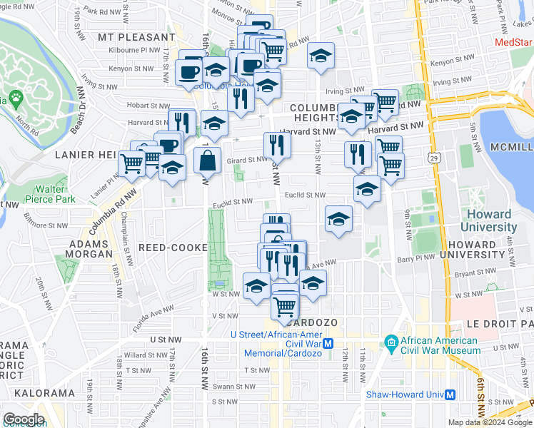 map of restaurants, bars, coffee shops, grocery stores, and more near 1419 Clifton Street Northwest in Washington