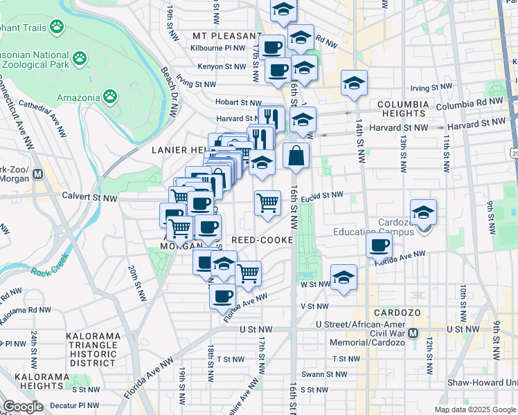 map of restaurants, bars, coffee shops, grocery stores, and more near 1682 Euclid Street Northwest in Washington