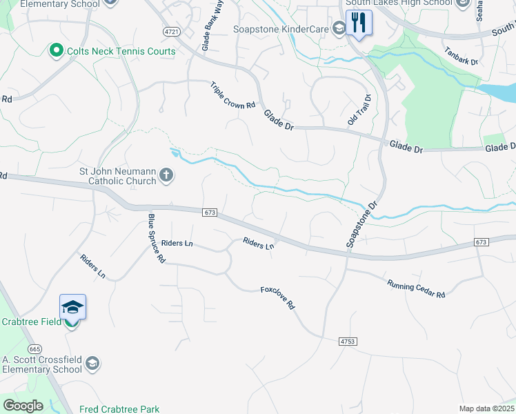 map of restaurants, bars, coffee shops, grocery stores, and more near 2505 Fauquier Lane in Reston