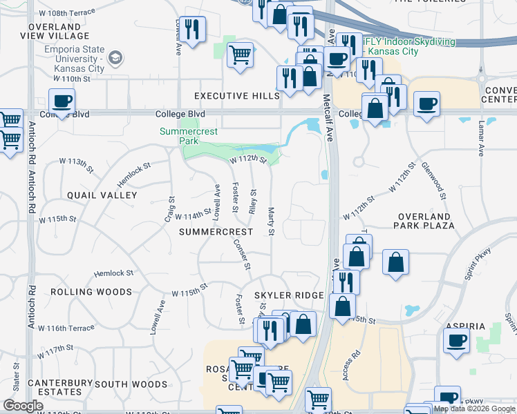 map of restaurants, bars, coffee shops, grocery stores, and more near 11312 Riley Street in Overland Park